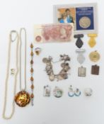A collection of jewellery including silver bracelet and ring set with pressed amber, silver charm