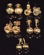 Five pairs of 9ct gold earrings, 6.2g
