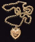A 9ct gold necklace made up of faceted links and a 9ct back and front heart locket with swallow