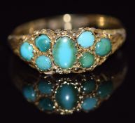 Victorian 18ct gold ring set with turquoise cabochons, 1.9g, size O/P