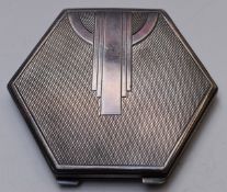 Art Deco George V hallmarked silver hexagonal compact, Birmingham 1932, maker Adie Brothers, width