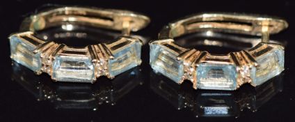 A pair of 14ct gold earrings set with aquamarines and diamonds, 4.3g
