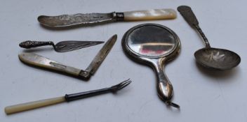 Chinese white metal spoon with circular bowl, hallmarked silver bladed butter knife, hallmarked