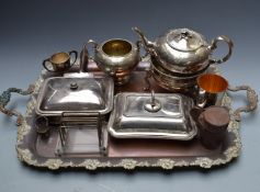 Silver plated ware including large twin handled tray, L77cm, two warming dishes, serving dishes,