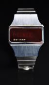 Beltime gentleman's digital LCD wristwatch with red glass, stainless steel case and quartz movement,