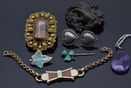 Victorian vulcanite brooch, pinchbeck brooch set with agate, amethyst pendant, silver earrings,