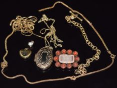A collection of 9ct gold chains, a Victorian mourning brooch set with hair and coral, locket and