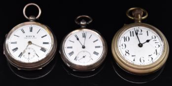 Three open faced pocket watches comprising Kay's Famous Lever hallmarked silver example, an