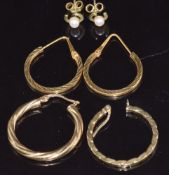 A pair of 9ct gold rings set with a pearl to each, a pair of 18ct gold hoop earrings (2.1g) and