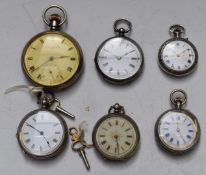 Six silver open faced pocket watches comprising J G Wall & Son of Ross hallmarked silver keyless