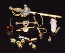 Two 9ct gold brooches, micro mosaic pin, loose seed pearls, loose turquoise links, pearl pendant,