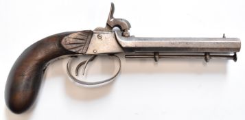 Unnamed side by side percussion hammer action pocket pistol with carved grips and 4 inch octagonal
