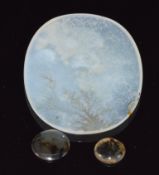 Two circular dendritic agate cabochons and a dendritic agate plaque