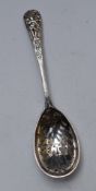 Victorian hallmarked silver sifter spoon with cupid decoration, London 1859 maker George Fox, length