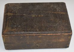 Victorian tooled leather vanity box with fitted interior and silver plate topped bottles, having