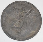 19thC circular lead plaque with relief decoration of an angel and putti, possibly a fire mark,
