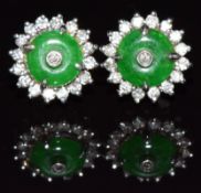 A pair of 18ct white gold earrings set with jade and diamonds, 3.6g