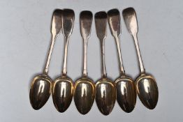 Six Victorian Irish fiddle pattern hallmarked silver dessert spoons, Dublin 1842/3, maker