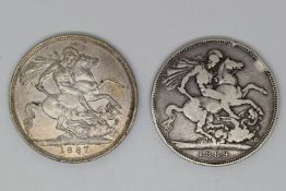 Two Queen Victoria jubilee head silver crowns, one 1887 the other 1889