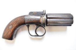 Unnamed six-shot double action bar hammer action pepperbox revolver with engraved lock, top strap,