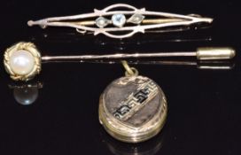 Victorian locket with Greek key decoration, 9ct gold brooch set with an aquamarine and seed pearl