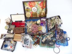 A collection of costume jewellery including vintage necklaces, beads, mother of pearl box, wooden