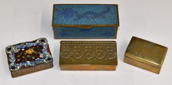 Four brass stamp boxes or cases, including two Chinese or similar cloisonné examples, one with
