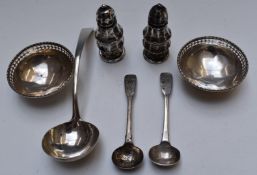 Hallmarked silver items including pair of pierced pedestal salts, pair of peppers, pair of Victorian