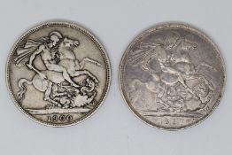 Two Queen Victoria veiled head silver crowns, one 1897 the other 1897 TUTAMEN LXIV and LXI edges