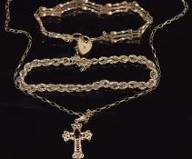 A 9ct gold gate bracelet, 9ct gold rope twist bracelet and chain and 9ct gold cross pendant set with