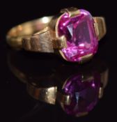 Art Deco 18ct gold ring set with a cushion cut synthetic pink sapphire of approximately 4.2cts,