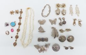 Seven filigree brooches, silver bracelet and earrings, Trifari and other vintage earrings, micro