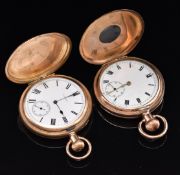 Two gold plated keyless winding pocket watches one Elgin full hunter with inset subsidiary seconds