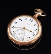 Rolex gold plated keyless winding open faced pocket watch with subsidiary seconds dial, gold