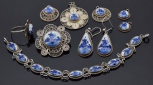 A suite of filigree and Delft jewellery comprising ring, pendants, brooch, etc