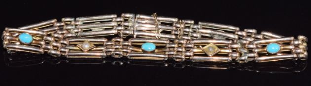 Edwardian 9ct rose gold bracelet set with seed pearls and turquoise, 9.7g