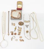 A collection of jewellery including a pearl necklace, rolled gold locket, etc
