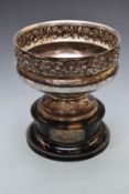Large Walker & Hall silver plated pedestal bowl with embossed decoration, on ebonised base with