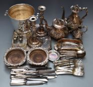 Silver plated ware to include wine cooler, Victorian Elkington teaware, pair of candlesticks, H24cm,