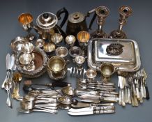 Silver plated ware including a pair of wine coasters, candlesticks, entrée dish, bowls, teaware,