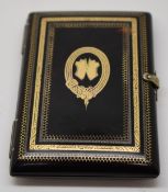 Tortoiseshell pique work purse having gold and silver inlaid decoration including coat of arms to