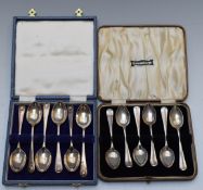 Two cased sets of six hallmarked silver tea or coffee spoons, one with shell top design, weight