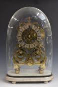 Victorian twin fusee brass skeleton clock with Roman silvered chapter ring decorated with crescents,