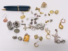 A collection of vintage earrings, 9ct gold earrings, Parker pens etc