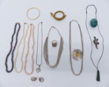 Victorian snake bracelet, two silver necklaces, three pearl necklaces, silver brooch, silver Greek