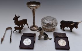 Hallmarked silver trumpet vase, hallmarked silver sugar tongs, silver mounted cut glass pot, two