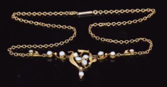 Edwardian 9ct gold necklace set with opal cabochons and seed pearls, 6.6g, 44cm long