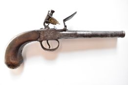 L Parr Queen Anne flintlock double barrelled side by side pistol with silver wire inlaid walnut