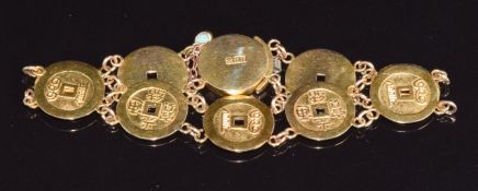 An 18ct gold Chinese bracelet made up of circular links with Chinese character decoration, 19.9g