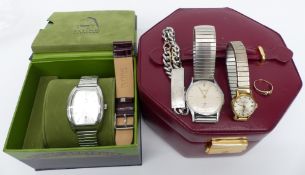 Flying Scotsman watch, two other watches and a 9ct gold ring set with a garnet